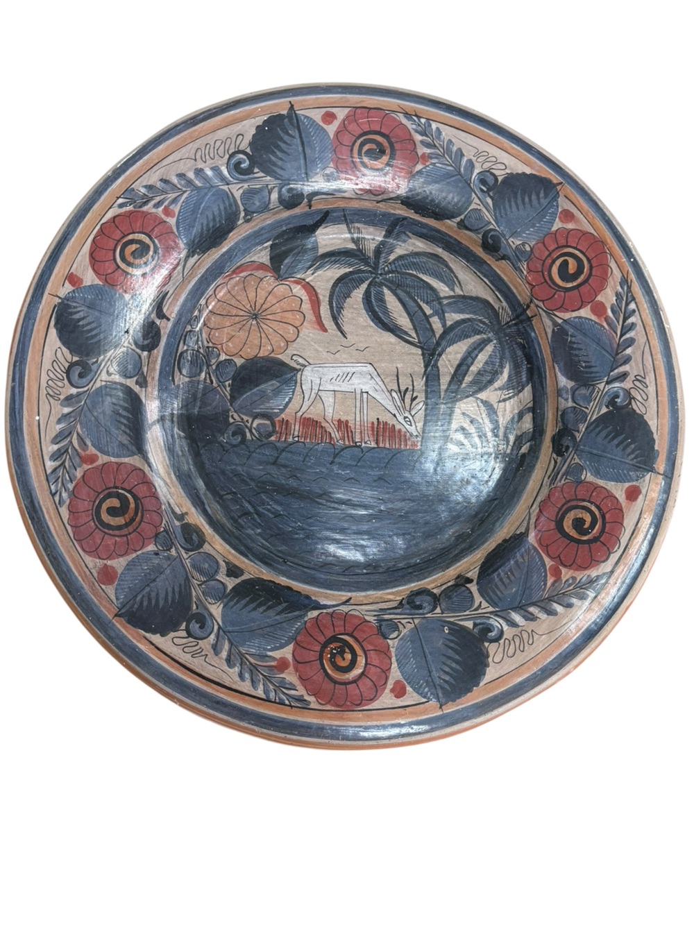 Vintage Mexican Pottery Tonala Ceramic Wall Art Platter Plate Deer Folk Art 12"